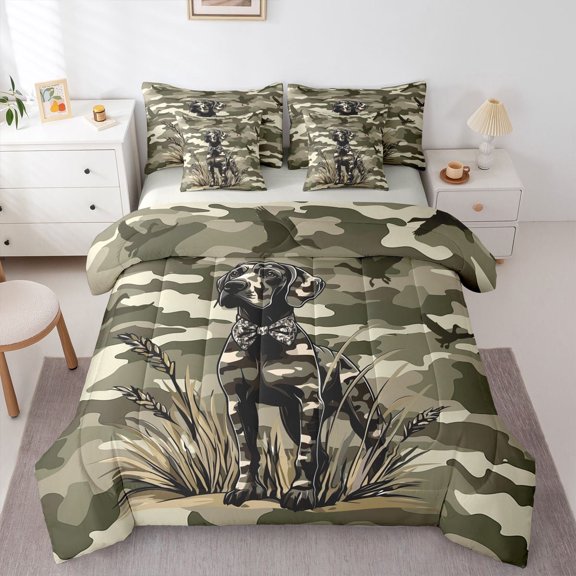 Homewish Camouflage Dog 7pcs Queen Bedding,Labrador Retriever Bedding Comforter Set Queen,Green,Light Gray Reversible
