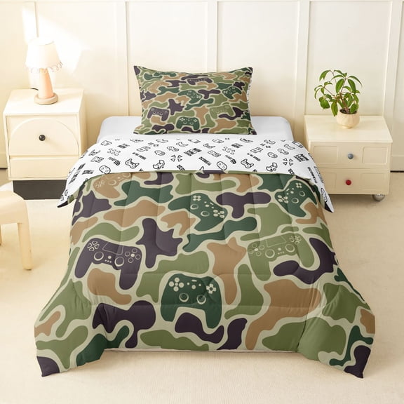 Homewish Camouflage Game Controller Twin Comforter Sets,Modern Gaming Bedding Set,Brown Green,Gamepad Reversible,2pcs,1 Comforter and 1 Pillowcase