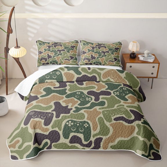 Homewish Camouflage Game Controller Twin Quilt Set,Modern Gaming Twin Coverlet Set,Brown Green,2pcs