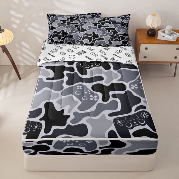 Homewish Camouflage Game Controller Zipper Twin Comforter Sets with Fitted Sheet and 2 Pillowcases,Modern Gaming Zipper Bedding Set,Gray,Gamepad Reversible,4pcs