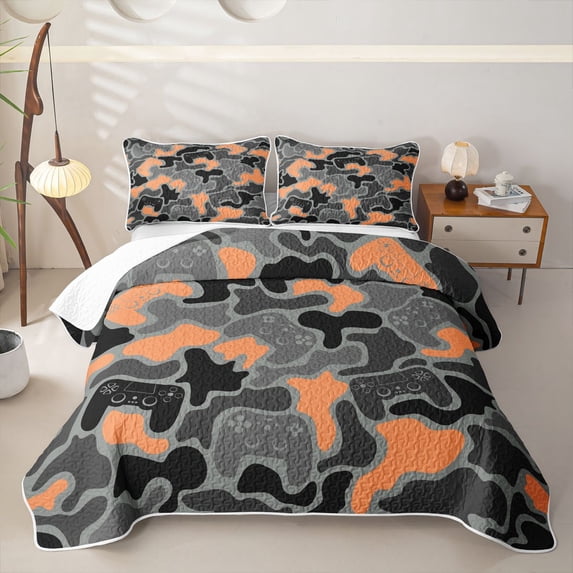 Homewish Camouflage Game Pad Quilt Full,Modern Esports Gamepad Full Bedspread Sets,Orange Gray,3 Pieces