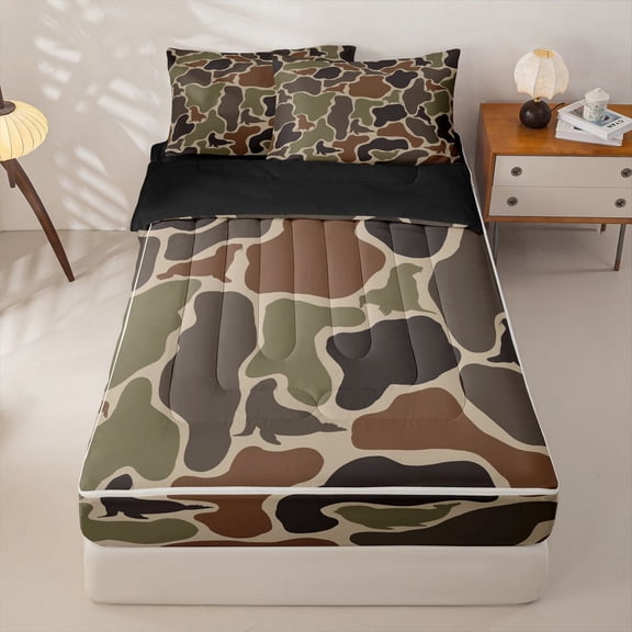 Homewish Camouflage Zipper Full Size Comforter Sets with Fitted Sheet and 2 Pillowcases,Cartoon Ocean Sloth Camo Silhouette Zipper Bedding Set For Boys Kids,Black Reversible,4 Pieces