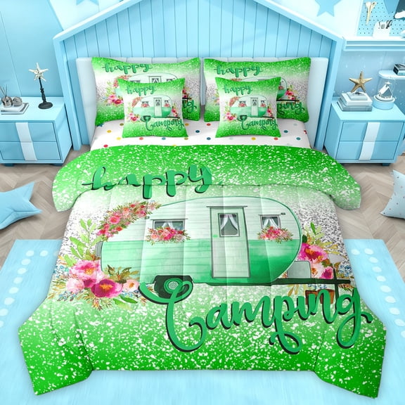 Homewish Camper Car Rv 7pcs Bedding Comforter Set,Green White Queen Bedding Sets,Outdoor Camping Adventure Queen Sheet Sets For Girl,Breathable Home Decor Reversible