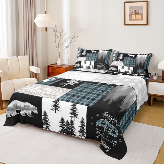 Homewish Camper Car Rv Bed Sheets,Old Barn Door King Sheets,Wild Bear Silhouette Sheet Set For Boy,Microfiber Bedroom Decor,4 Pieces