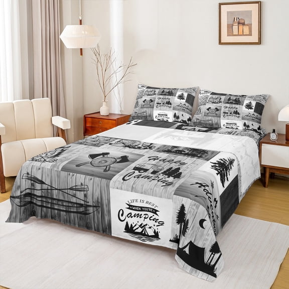 Homewish Camper Car Rv Full Size Sheets,Happy Camping Bed Sheets,Country Farmhouse Lodge Sheet Sets For Boy Kids,Super Cozy Room Decor,4 Pieces