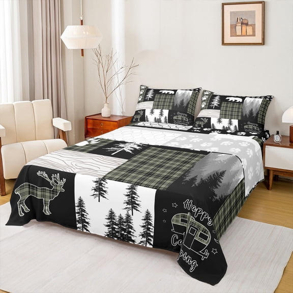 Homewish Camper Car Rv Queen Sheet Sets,Old Barn Door Flat Sheet,Wild Deer Silhouette Queen Fitted Sheet For Boy,Microfiber Bedroom Decor,4 Pieces