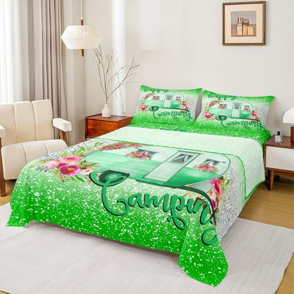 Homewish Camper Car Rv Twin Sheet Sets,Green White Twin Fitted Sheet,Outdoor Camping Adventure Flat Sheet For Girl,Breathable Home Decor,3 Pieces