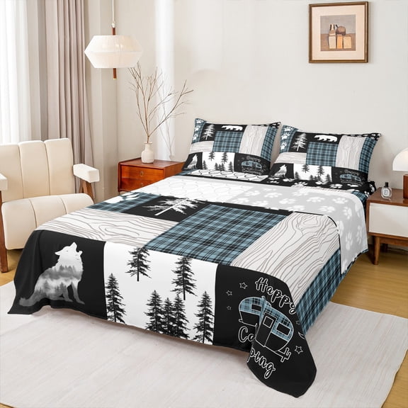 Homewish Camper Car Rv Twin Sheet Sets,Old Barn Door Twin Fitted Sheet,Howling Wolves Silhouette Flat Sheet For Boy,Microfiber Bedroom Decor,3-Piece