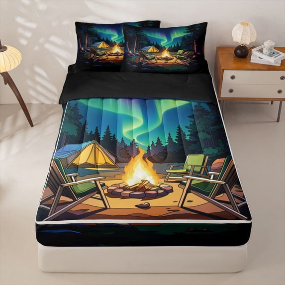 Homewish Camper Themed Zipper Full Size Comforter Sets with Fitted Sheet and 2 Pillowcases,Galaxy Aurora Zipper Bedding Set For Kids,Black Reversible,4 Pieces