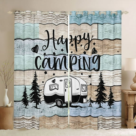 Homewish Camping Adventure Black Out Curtains,Camper Theme Curtains Pack of 2 (42x63 Each),Rustic Farmhouse Cabin Bedroom Curtains For Kids,Microfiber Bedroom Decor