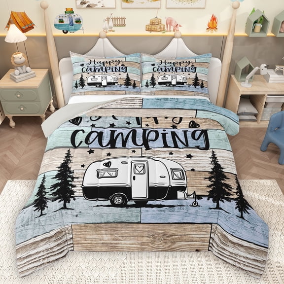Homewish Camping Adventure Queen Comforter Set,Camper Theme Bedding Sets,Rustic Farmhouse Cabin Bedding Comforter Set For Kids,Microfiber Bedroom Decor Reversible,3-Piece
