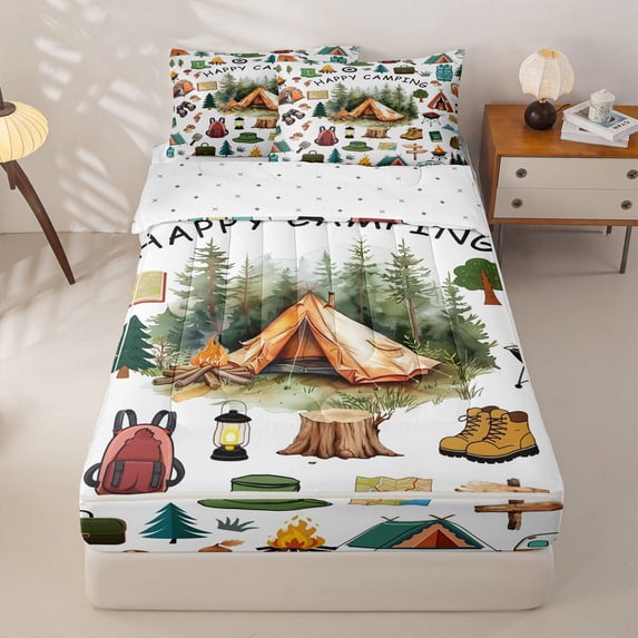 Homewish Camping Adventure Zipper Twin Comforter Sets with Fitted Sheet and 2 Pillowcases For Camper Gifts,Rustic Country Style Zipper Bedding Set For Boys Kids,Reversible,4 Pieces