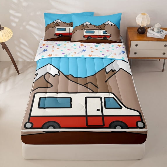 Homewish Camping Camper Zipper Twin Comforter Sets with Fitted Sheet and 2 Pillowcases,Outdoor Adventure Theme Zipper Bedding Set For Boys Kids,Reversible,4-Piece