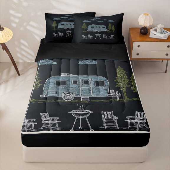 Homewish Camping Camper Zipper Twin Comforter Sets with Fitted Sheet and 2 Pillowcases For RV Trailers,Rustic Cabin Style Zipper Bedding Set For Boys Kids,Black Reversible,4 Pieces