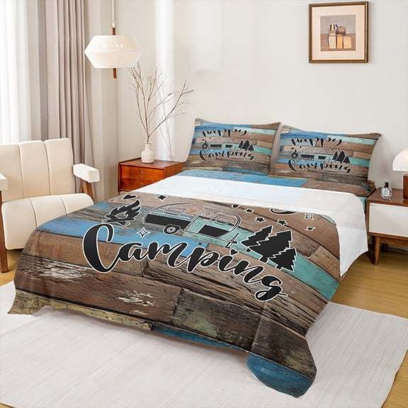 Homewish Camping RV Car 4pcs Bed Sheets for Female Men Adults,Adventure Theme King Sheets,Blue Brown Super Cozy Sheet Set,Breathable Home Decor