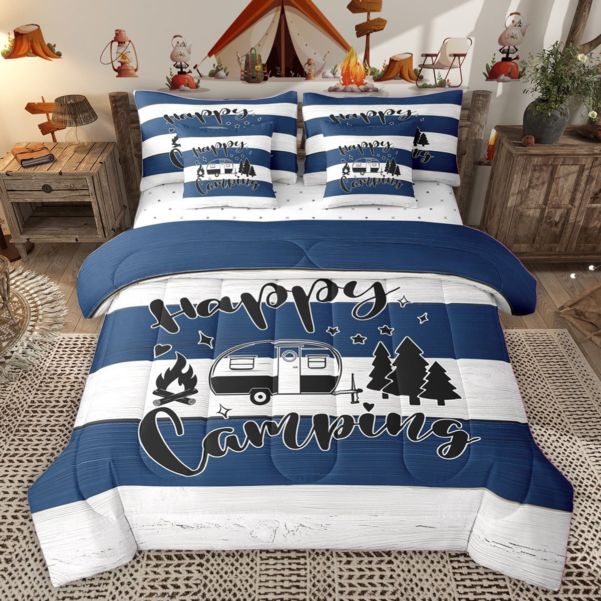 Homewish Happy Camping Bedding Comforter Set 7pcs for Teens Boys  Girls,Lodge Cabin Queen Bedding Sets Super Cozy,Adventure Theme Queen Sheet  Sets,Microfiber Bedroom Decor,Reversible - Walmart.com