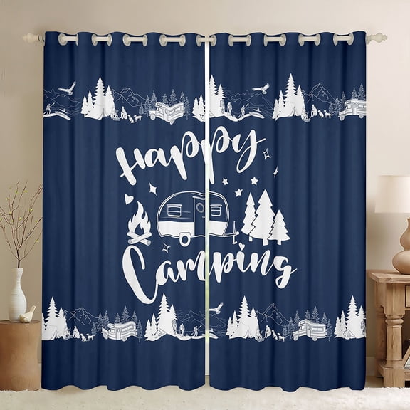 Homewish Camping RV Car Blackout Curtains Set of 2 (52x84 Each) for Female Men Adults,Adventure Theme Window Curtains,Blue White Curtains and Drapes,Breathable Home Decor