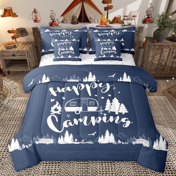 Homewish Camping RV Car Twin Bedding Sets 7-Piece for Female Men Adults,Adventure Theme Bedding Comforter Set Microfiber,Blue White Breathable Sheet Sets,Breathable Home Decor,Reversible