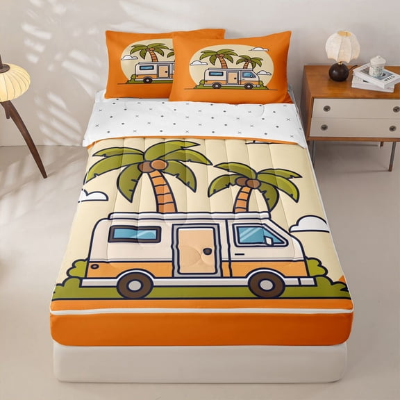 Homewish Camping RV Travel Zipper Twin Comforter Sets with Fitted Sheet and 2 Pillowcases,Hawaii Summer Holiday Zipper Bedding Set For Kids,Reversible,4-Piece