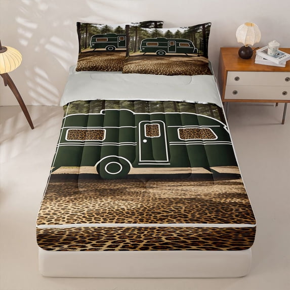 Homewish Camping RV Zipper Full Size Comforter Sets with Fitted Sheet and 2 Pillowcases For Travel Trailers,Abstract Jungle Leopard Print Zipper Bedding Set,Lightgray Reversible,4-Piece