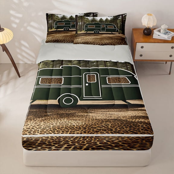 Homewish Camping RV Zipper Twin Comforter Sets with Fitted Sheet and 2 Pillowcases For Travel Trailers,Abstract Jungle Leopard Print Zipper Bedding Set,Lightgray Reversible,4 Pieces