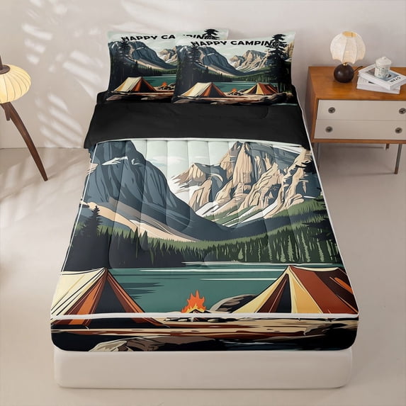 Homewish Camping Theme Zipper Twin Comforter Sets with Fitted Sheet and 2 Pillowcases,Nature Mountain Lake Zipper Bedding Set,Black Reversible,4-Piece