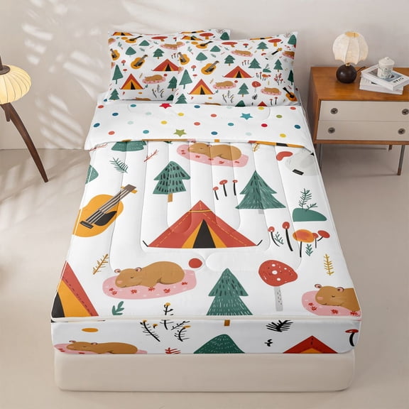 Homewish Capybara Camper Kid Zipper Full Size Comforter Sets with Fitted Sheet and 2 Pillowcases, Rustic Farmhouse Zipper Bedding Set, Polka Dots Reversible, 4-Piece