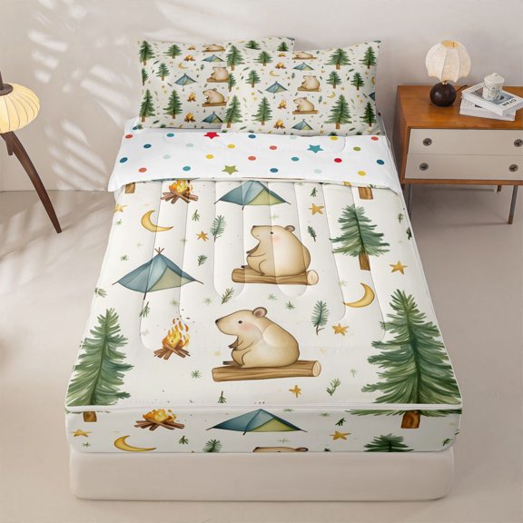 Homewish Capybara Lover Zipper Twin Comforter Sets with Fitted Sheet and 2 Pillowcases For Kids,Happy Camping Green Pine Tree Zipper Bedding Set For Girls Boys,Reversible,4 Pieces