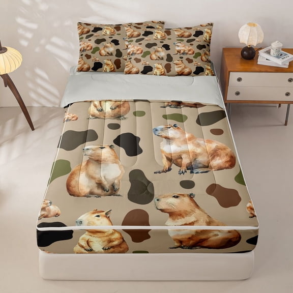 Homewish Capybara Print Kids Zipper Twin Comforter Sets with Fitted Sheet and 2 Pillowcases, Brown Rustic Camo Zipper Bedding Set, Gray Reversible, 4-Piece