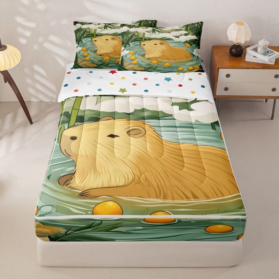 Homewish Capybara Zipper Twin Comforter Sets with Fitted Sheet and 2 Pillowcases,Rustic Plant Green Tree Zipper Bedding Set For Girls Kids,Reversible,4 Pieces