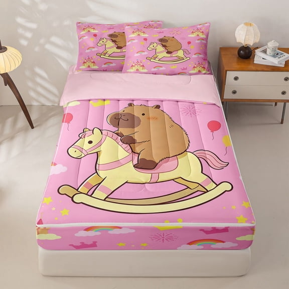 Homewish Capybara Zipper Twin Comforter Sets with Fitted Sheet and 2 Pillowcases for Kids, Fairy Castle Zipper Bedding Set, Pink Reversible, 4 Pieces