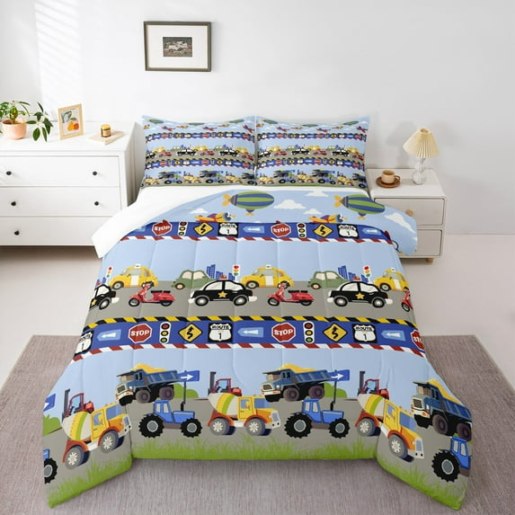 Homewish Car Theme 2pcs Bedding Comforter Set For Teens Boys Girls,Cartoon Truck Twin Comforter Sets,Construction Vehicles Breathable Bedding Set,Microfiber Bedroom Decor