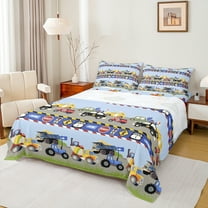 Homewish Car Theme 3pcs Twin Sheet Sets For Teens Boys Girls,Cartoon Truck Twin Fitted Sheet,Construction Vehicles Breathable Flat Sheet,Microfiber Bedroom Decor