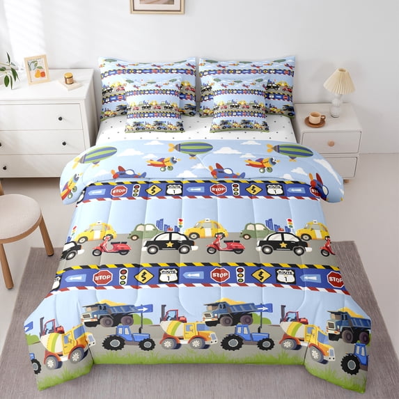 Homewish Car Theme 7-Piece Bedding Comforter Set For Teens Boys Girls,Cartoon Truck King Bedding Sets,Construction Vehicles Ultra Soft Bed Sheets,Microfiber Bedroom Decor,Reversible