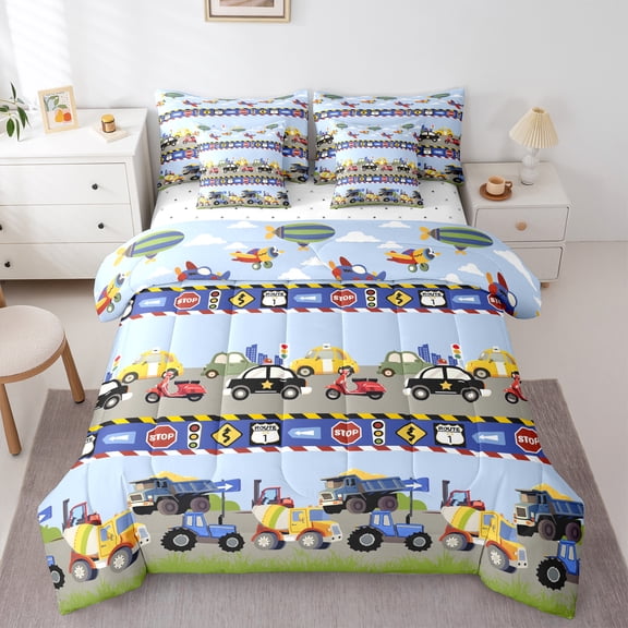 Homewish Car Theme 7-Piece Twin Bedding Sets For Teens Boys Girls,Cartoon Truck Bedding Comforter Set,Construction Vehicles Breathable Sheet Sets,Microfiber Bedroom Decor,Reversible