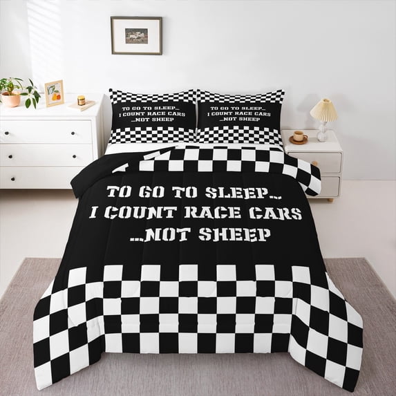 Homewish Car Theme Boy 3 Pieces Queen Comforter Set,Black White Ultra Soft Bedding Sets,Geometric Plaid Bedding Comforter Set,Luxury Bedroom Decor,Reversible
