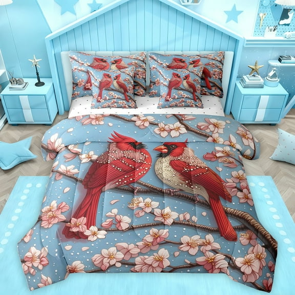 Homewish Cardinal Bird 7-Piece Twin Bedding Sets,Japanese Cherry Blossom Bedding Comforter Set,Pink Red Blue Sheet Sets For Girls Kids,Luxury Bedroom Decor Reversible