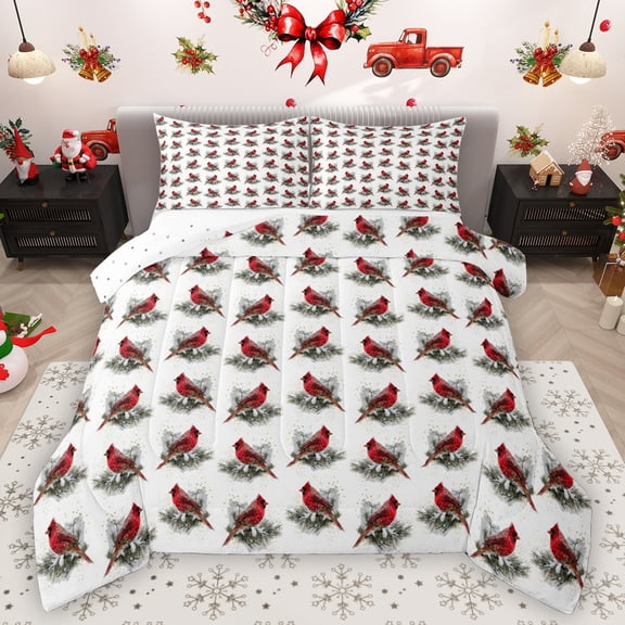 Homewish Cardinal Bird Bedding Comforter Set,Merry Xmas Twin Comforter Sets,Red Green White Bedding Set For Boys Girl,Microfiber Bedroom Decor Reversible,2pcs