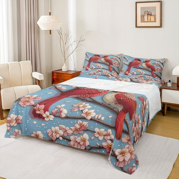 Homewish Cardinal Bird Twin Sheet Sets,Japanese Cherry Blossom Twin Fitted Sheet,Pink Red Blue Flat Sheet For Girls Kids,Luxury Bedroom Decor,3-Piece