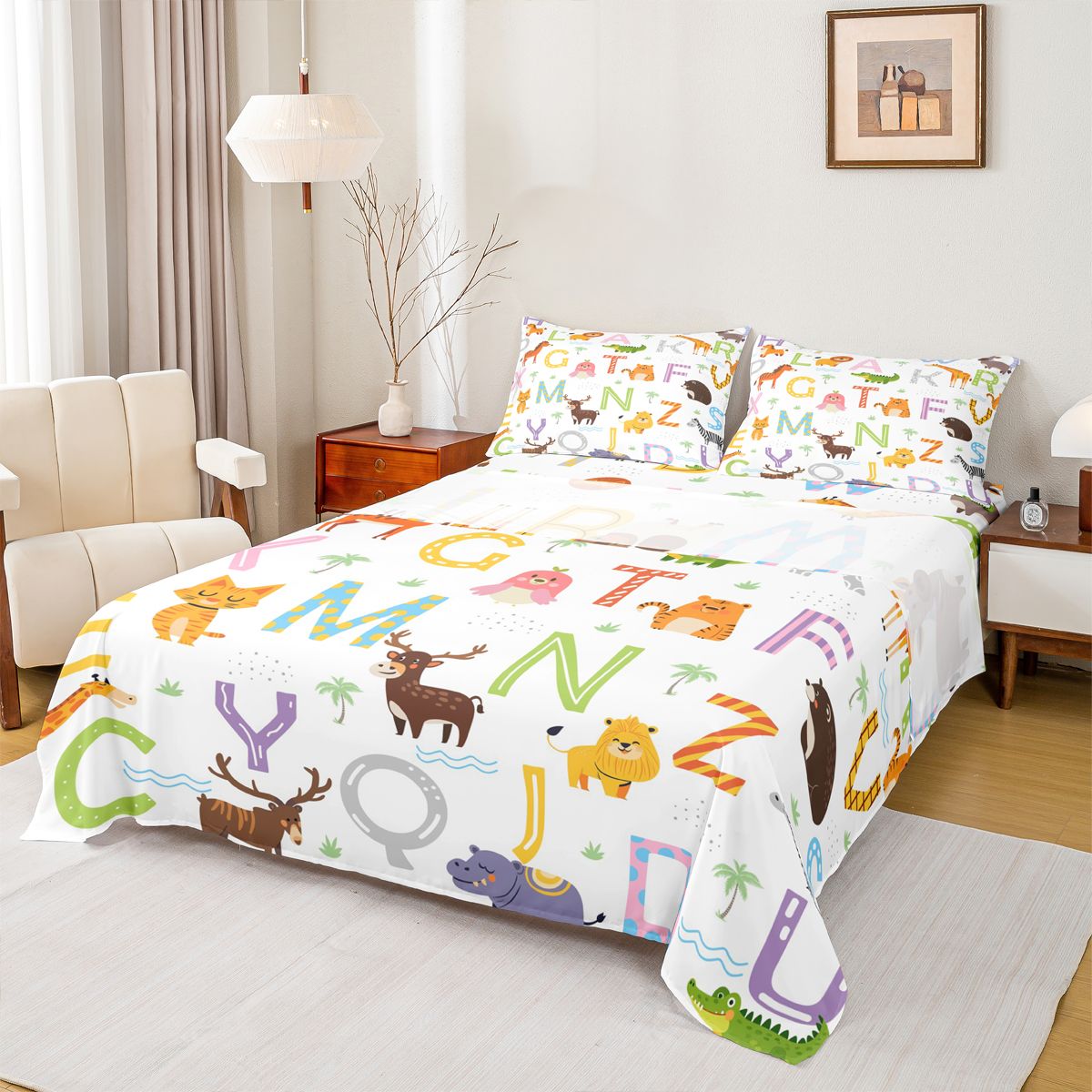 Homewish Cartoon 26 Letters Full Size Sheets,Cute Deer Lion Bed Sheets ...