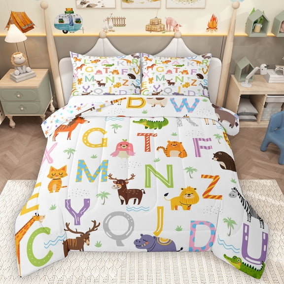 Homewish Cartoon 26 Letters Queen Comforter Set,Cute Deer Lion Bedding Sets,Hawaii Coconut Tree Bedding Comforter Set For Kids,Ultra Soft Home Decor Reversible,3 Pieces