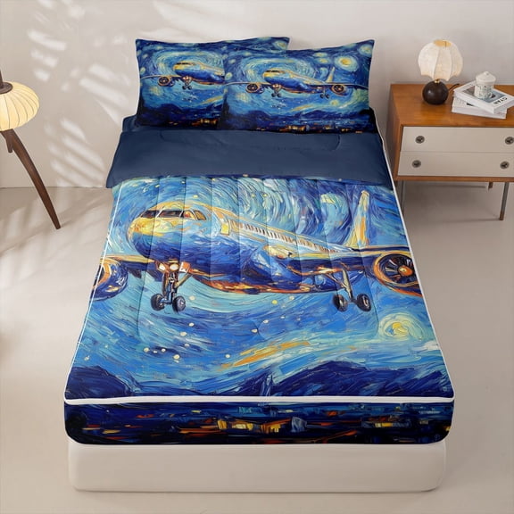 Homewish Cartoon Aircraft Zipper Twin Comforter Sets with Fitted Sheet and 2 Pillowcases For Boys,Oil Painting Galaxy Zipper Bedding Set,Navy Blue Reversible,4-Piece