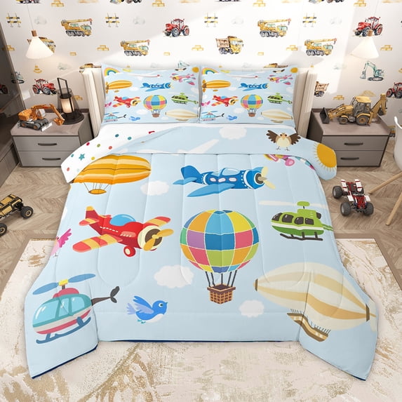 Homewish Cartoon Airplane Bedding Comforter Set,Colorful Hot Air Balloon Twin Comforter Sets,Aircraft Theme Bedding Set For Boys Kids,Super Cozy Room Decor Reversible,2 Pieces