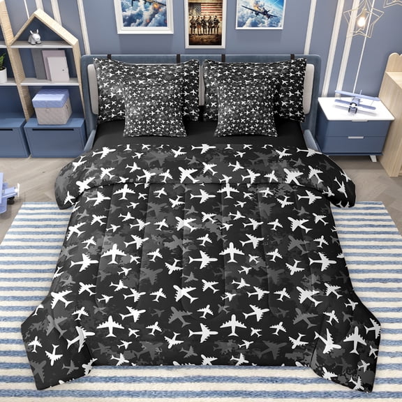 Homewish Cartoon Airplane Boys Bedding Comforter Set 7pcs, Helicopter Print King Bedding Sets, Plane Vehicle Theme Reversible Bed Sheets, Super Cozy Room Decor