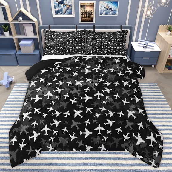 Homewish Cartoon Airplane Boys Bedding Comforter Set, Helicopter Print Twin Comforter Sets, Plane Vehicle Theme Reversible Bedding Set, Super Cozy Room Decor, 2 Pieces