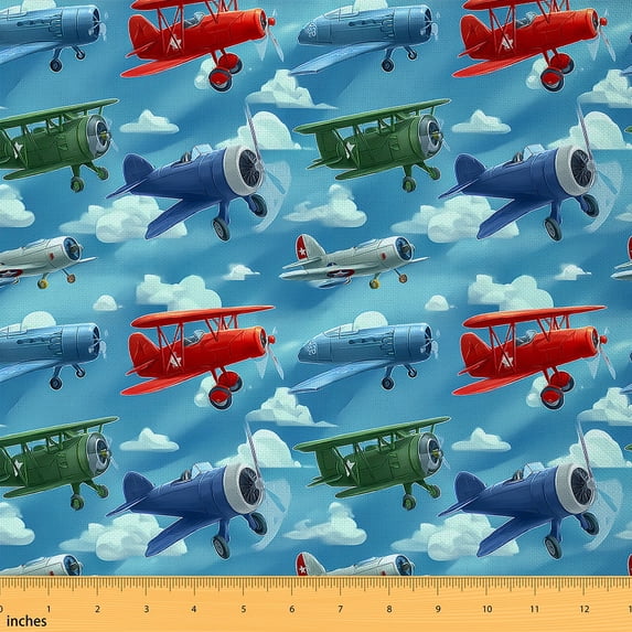 Homewish Cartoon Airplane Boys Fabric by the Yard 2 Yards, Vehicle Plane Sewing Fabric, Blue Cartoon Cloud Sky Fabric for Sewing, Microfiber Bedroom Decor