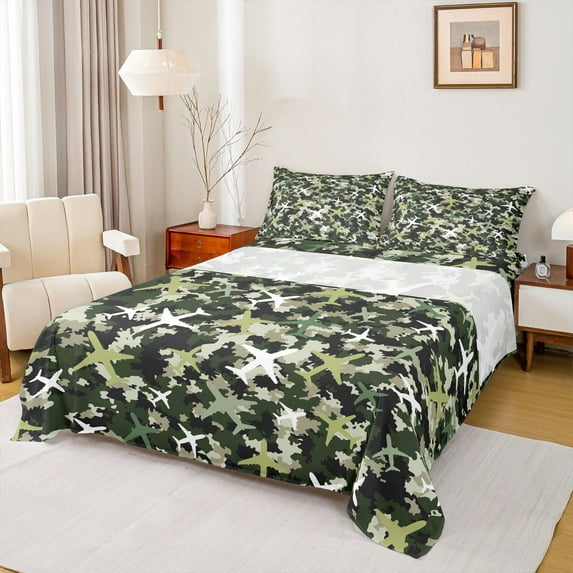 Homewish Cartoon Airplane Kids Bed Sheets, Green Retro Camouflage King Sheets, Boy Aircraft Vehicle Sheet Set, Lightweight Room Decor, 4 Pieces