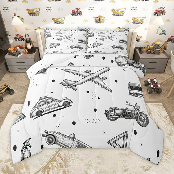 Homewish Cartoon Airplane Motorcycle Full Size Comforter Sets,Extreme Sport Bedding Comforter Set,White Gray Bedding Sets For Boys Kids,Super Cozy Room Decor Reversible,3-Piece