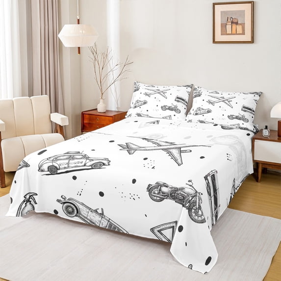 Homewish Cartoon Airplane Motorcycle Twin Sheet Sets,Extreme Sport Twin Fitted Sheet,White Gray 03 For Boys Kids,Super Cozy Room Decor,3pcs