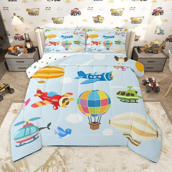 Homewish Cartoon Airplane Queen Comforter Set,Colorful Hot Air Balloon Bedding Sets,Aircraft Theme Bedding Comforter Set For Boys Kids,Super Cozy Room Decor Reversible,3-Piece